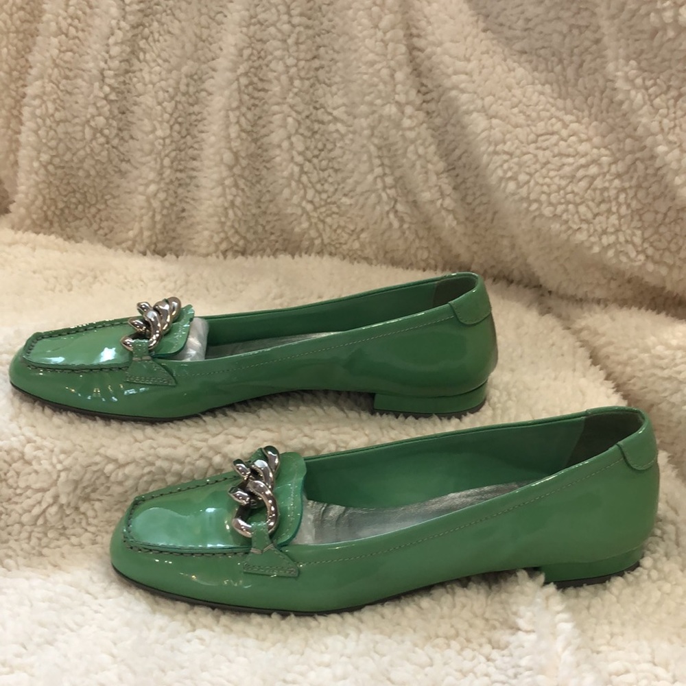 Prada Women's Green Patent Leather Bit Block Heel Loafers - Picture 4 of 13